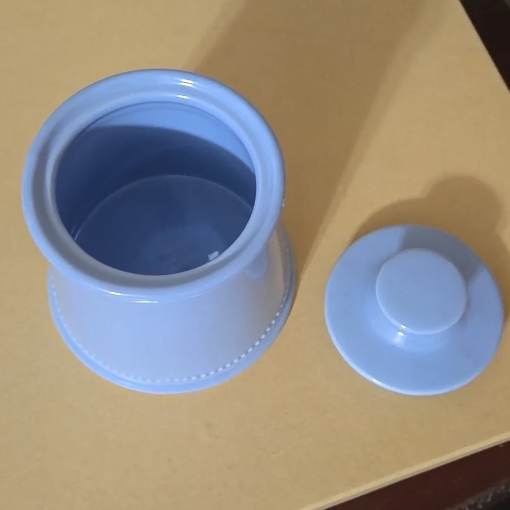 Martha Stewart Everyday Light Blue Beaded Ceramic Jar w/ Lid 5 x 4.5 Inches